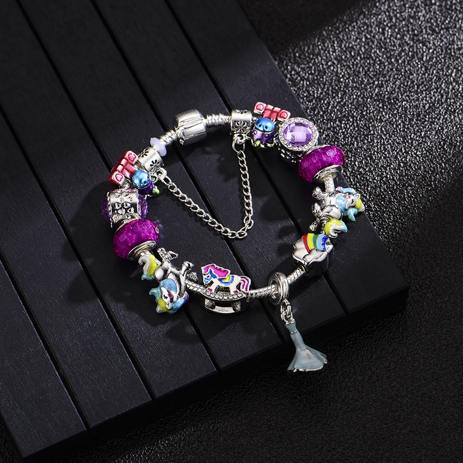 Dropshipping Purple Cute Animal Pegasus Pendant Bead charm children's bracelet cartoon style Fine match girl accessory gift