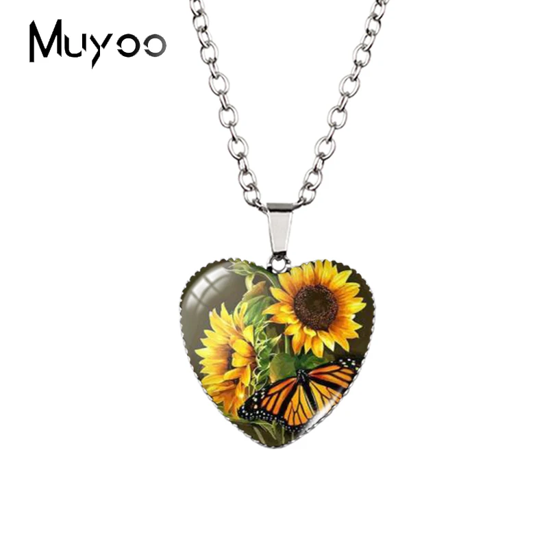 2021 New Arrival Vintage Yellow Sunflower Fields Paintings Handcraft Jewelry Heart Pendants Necklace HZ3