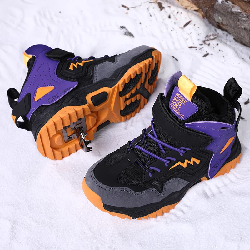 Winter Warm Fur Snow Boots Children Black Furry Shoes Boys Non-slip Steel Claw Waterproof Kids Footwear Child Sneakers Fashion