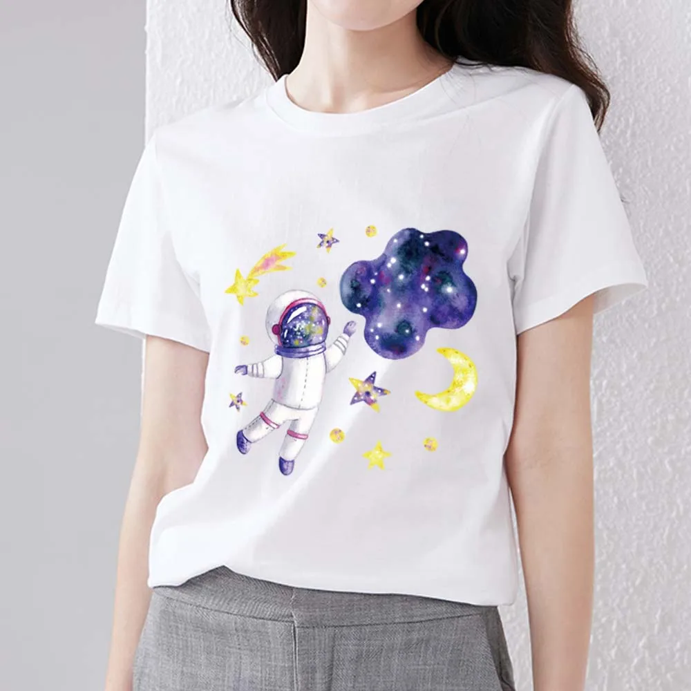 

Women's T-shirt Simple Casual Slim Cartoon Cute Astronaut Print Round Neck Comfortable and Breathable Ladies Short-sleeved Shirt