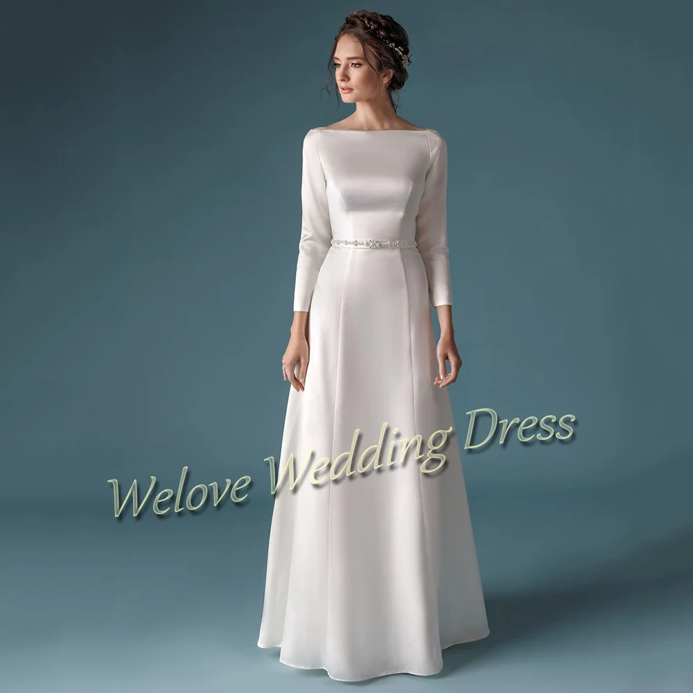 Civil Wedding Dress For Bride Woman Simple Mono Floor Length With Sashes Long Sleeves Custom Plus Size Muslim Bridal Gown A Line