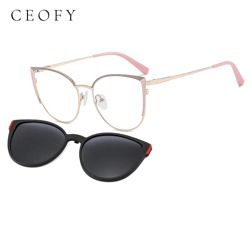 CEOFY Metal Cateye Women Glasses Frame Vintage Brand Designer Optical 2in1 Cilp on Sunglasses Eyeglass for Women Eyewear