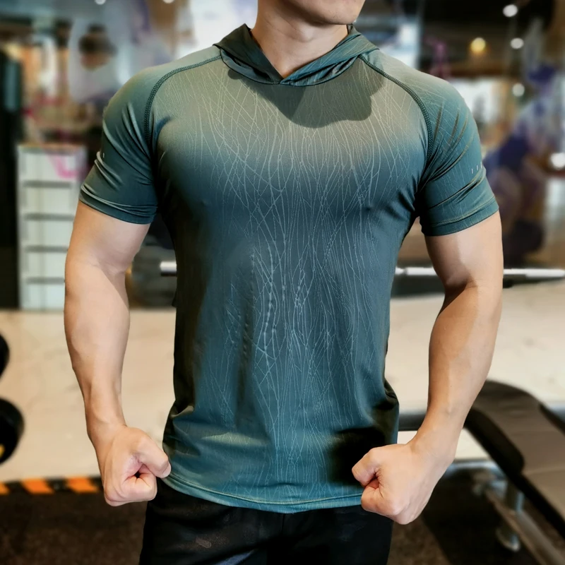 

Running Gym Men T Shirt Casual short Sleeve Slim compression Tops Tees elastic T-shirt Sports Fitness Quick dry Hooded T Shirt