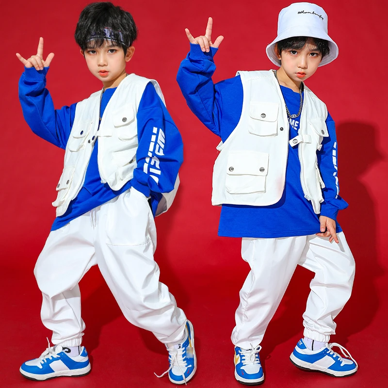 Kinder Hip Hop Street Dance Kostüm Weiß Hiphop Outfits Tops Weste Hosen Für Mädchen Jazz Show Jungen Modern Dance Kleidung BL5808