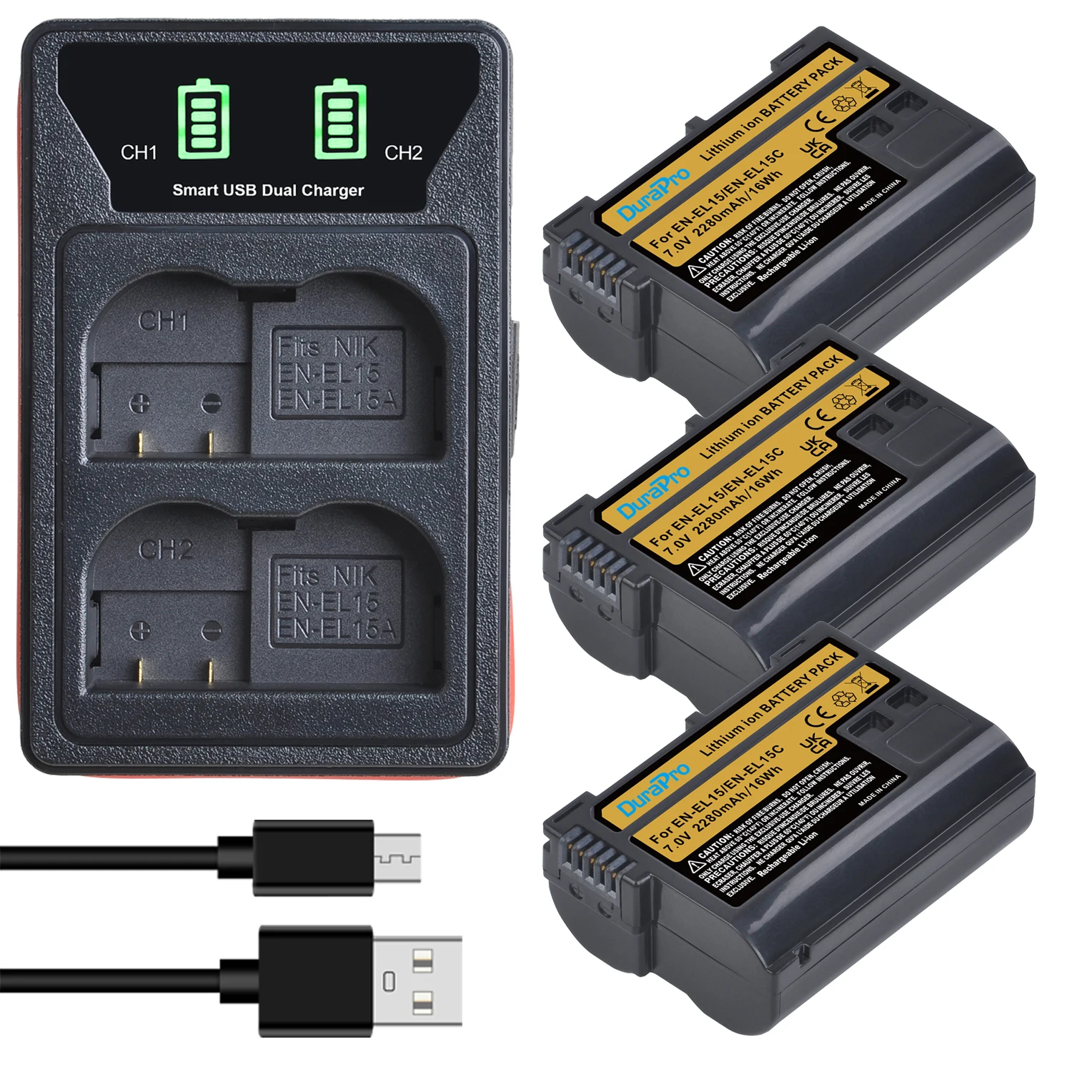 2280mAh EN-EL15C EN-EL15 Battery+LED Dual Charger with Type C Port For Nikon Z5,Z6,Z6 II,Z7,Z7 II,Z8,1 V1,D500,D600, D610