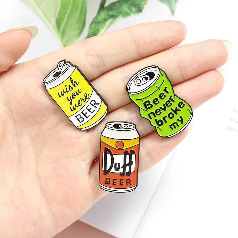 BEER NEVER BROKE ME Enamel Needle Duff Beer Cartoon Green Yellow Brooch Clothe Lapel Pin Badge Jewelry Gift for Friend Wholesale