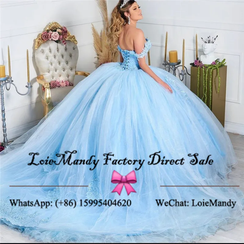 Suknia balowa niebieskie sukienki Quinceanera długa 2022 aplikacja z koronki tiul słodka 16 sukienka Sexy Off The Shoulder Vestidos de quinceanera