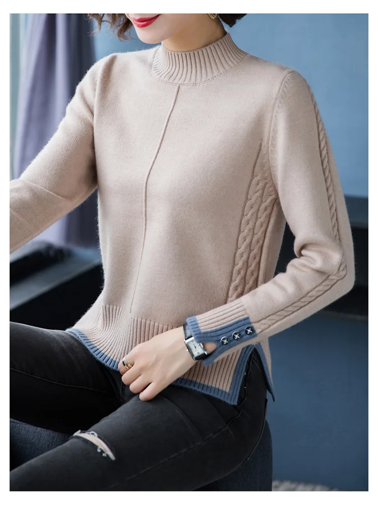 Fdfklak New Korean Women Base Sweater Loose Contrast Color Ladies Half High Neck Split Winter Pullover Sweaters Pull Tops Femme