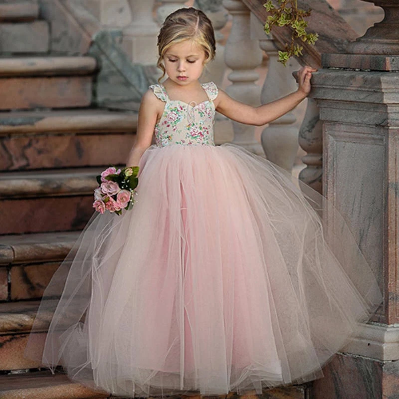 Baby Kids Girl Eegant Lace Mesh Tutu Dress Birthday Party Long Dresses Summer Girls Floral Dress