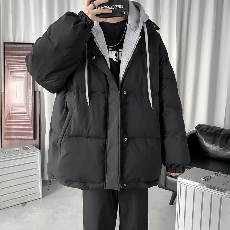 

Hooded padded jacket male Korea Hong Kong style casual loose 2022 winter trend preppy fake two-piece thicken coats