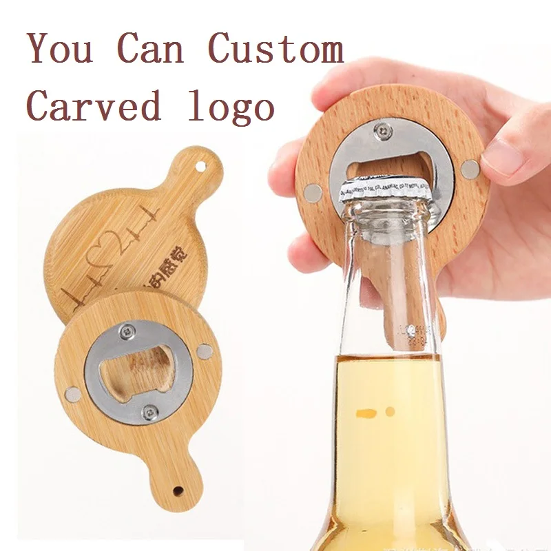 

100Pcs Creative Bamboo Wooden Bottle Opener With Handle Coaster Fridge Magnet Decoration Beer Bottle Opener Free Engrave Logo
