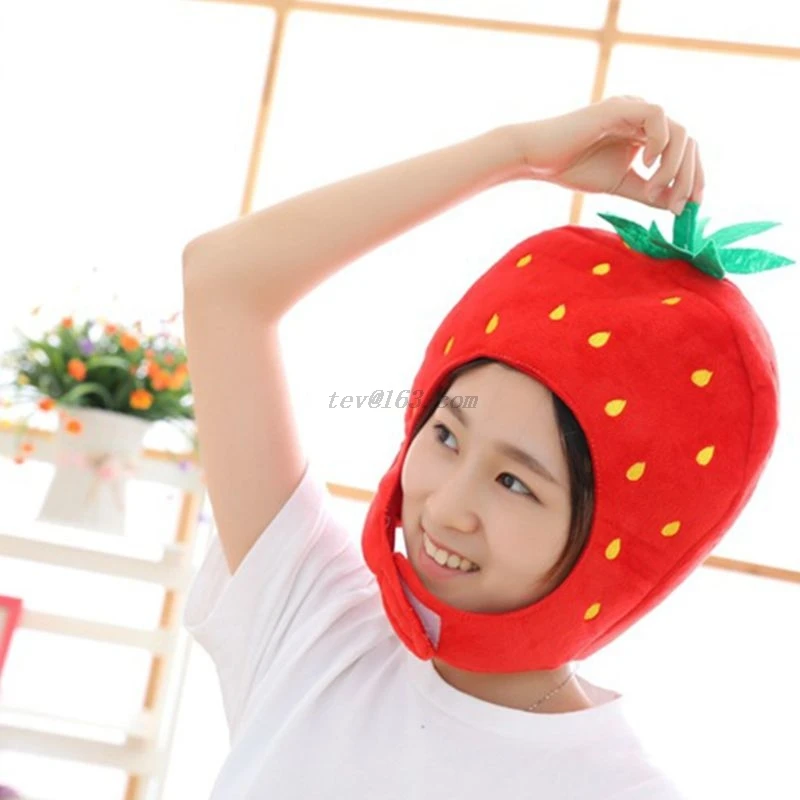 Sweet Women Girls Funny Strawberry Plush Hat Embroidery Fruits Hood Cap Mask Party Cosplay Costume Photo Props Toys