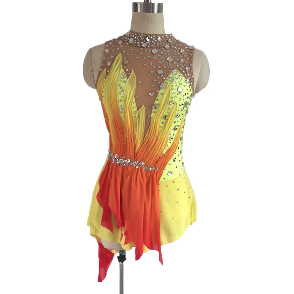 

Ice Figure Skating Dress Girls Women Yellow Red Waistband Rave Dance Skirt Kids Competition Rhythmic Gym Leotards Child