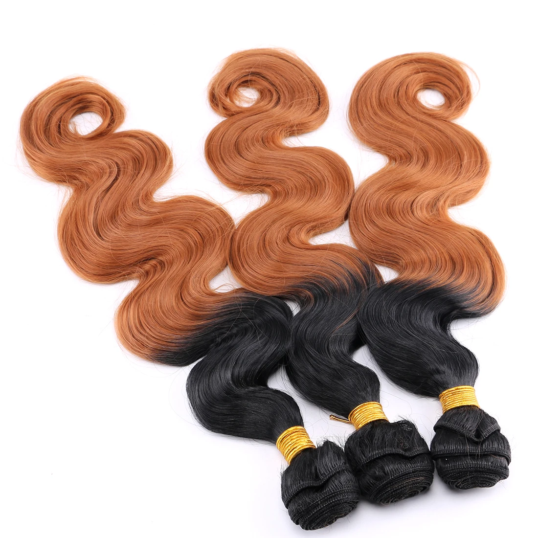 Extensiones de Cabello sintético de alta temperatura, mechones de pelo ondulado, ombré, negro a marrón Borgoña dorado, 100g por pieza