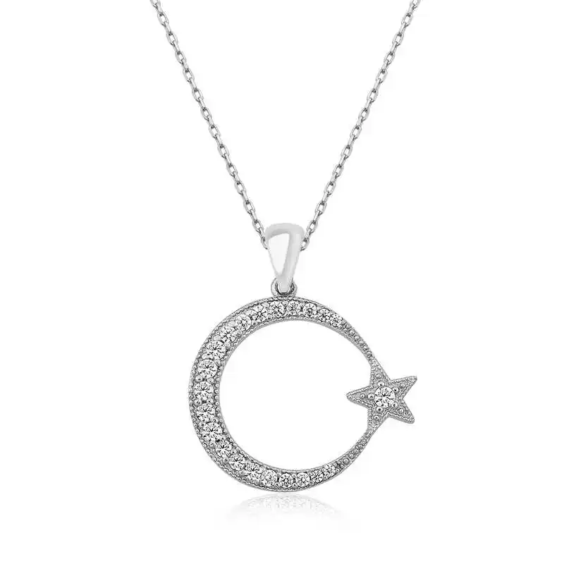 Silver Moon Star Women 'S Necklace Zircon Stone 925 Sterling Women Fine Jewelry Wedding Party Birthday Gift - Box - Pendant - Chain Choker - Female - Ladies - Fashion