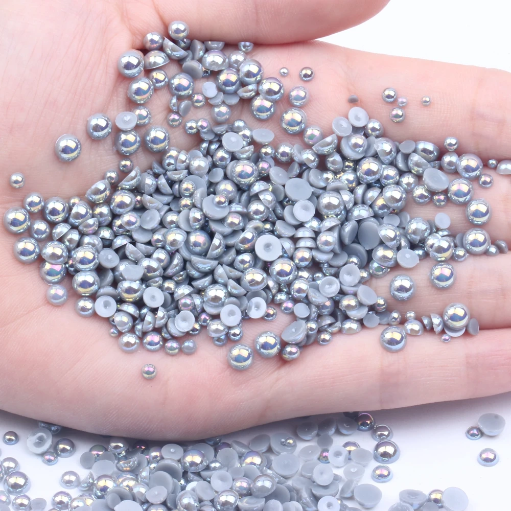 Half Round Resin Pearls Dark Gray AB 2-12mm And Mixed Sizes Glue On Crafts Gems Beads DIY 3D Nails Art Decorations