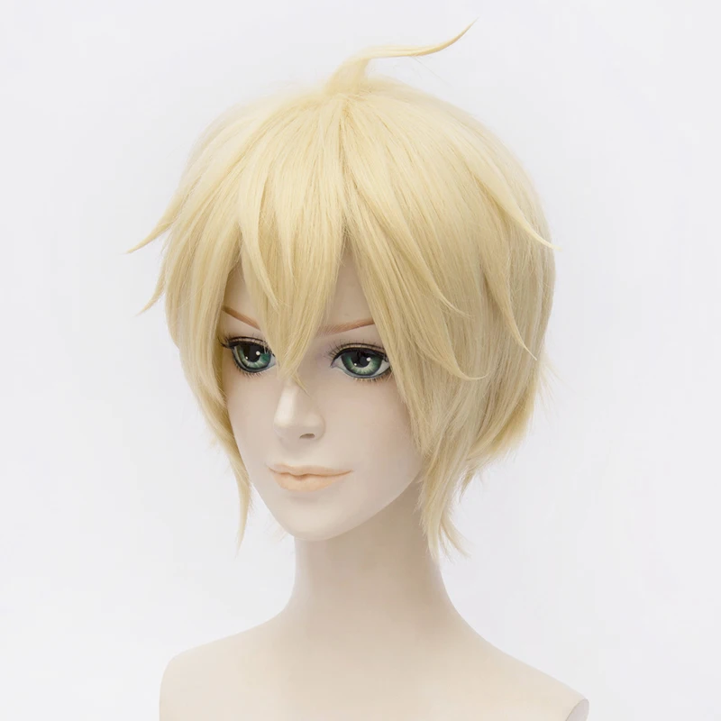 Anime Seraph of the End Mikaela Hyakuya Wig Cosplay Costume Men Women Short Yellow Synthetic Hair Halloween Party Wigs+ Wig Cap