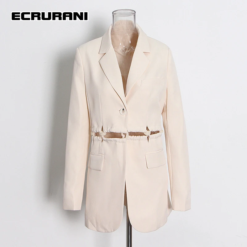 

ECRURANI Black Elegant Cut Out Blazers For Women Lapel Long Sleeve Patchwork Solid Casual Coats Females 2021 Autumn New Clothing