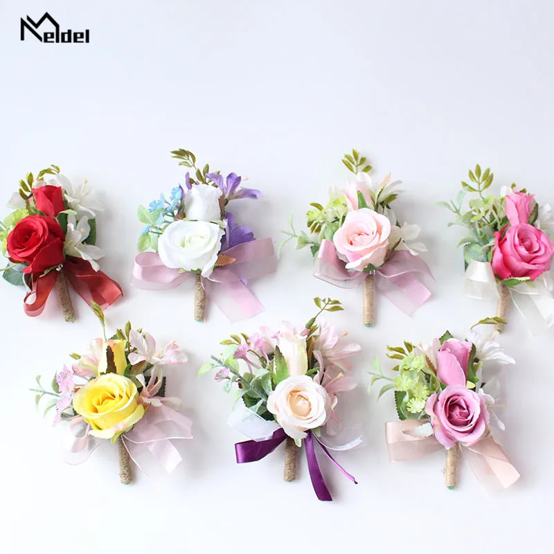 Meldel flores de seda corsage pulseira damas de honra flores artificiais casamento noivo boutonnieres casamento corsage broches