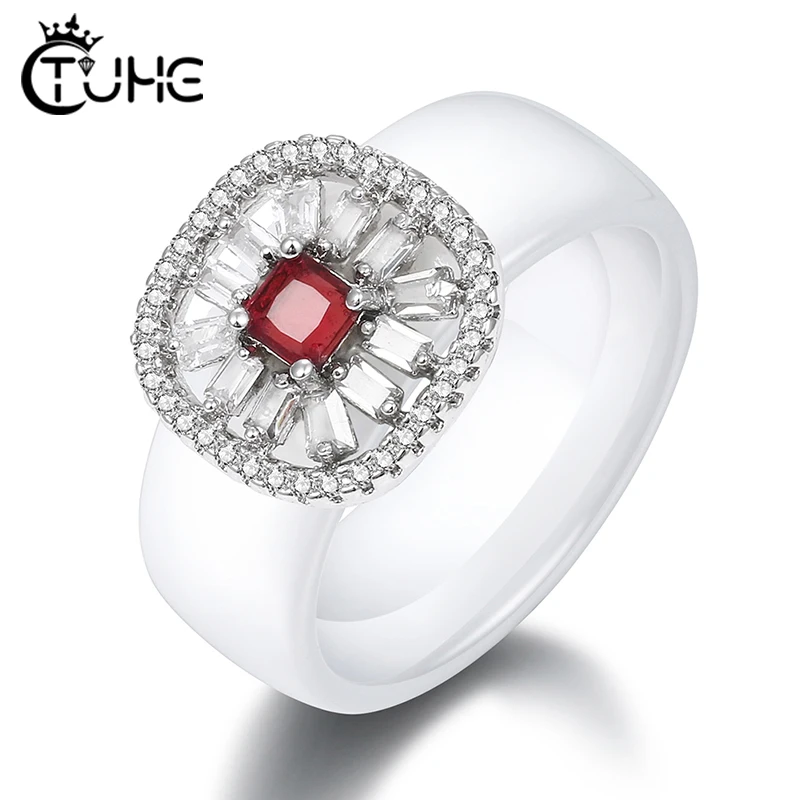 Stylish Women Smooth Ceramic Rings With Sterling Sliver And Cube Zircon Crystal 8mm Wide Sweet Black White Ring Wedding Jewelry
