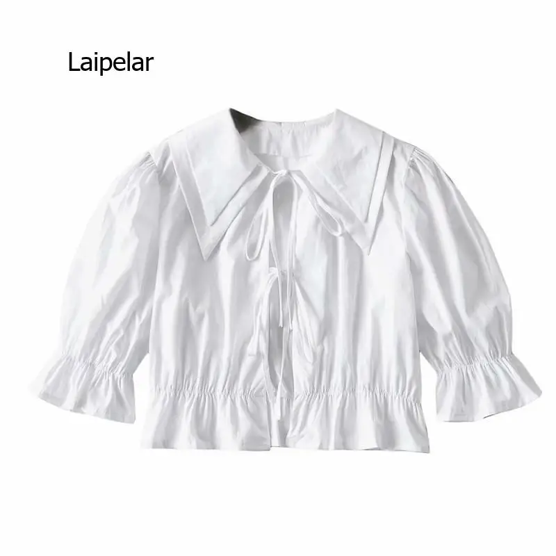 2021 summer women's blouse shirt fashion retro doll tie with puff sleeve blouse  blouse women's clothing