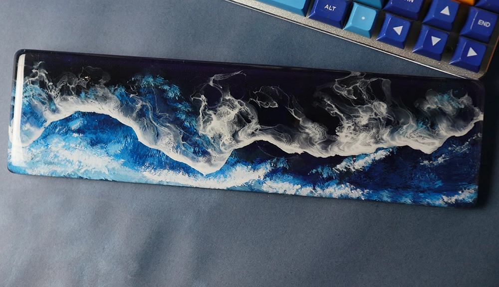 Wave Design Resina Wrist Rest Pad para teclado mecânico, Estilo Handmade Deep Sea, Bandeja de descanso de mão branca azul, pré-venda, personalizada