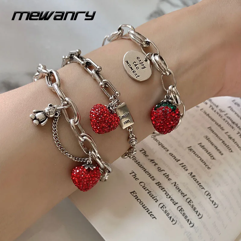 MEWANRY Silver Color Bracelets for Women New Trendy Elegant Vintage Sparkling Strawberry Zircon Party Jewelry Girl Gifts