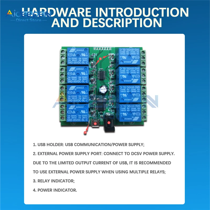 5V 8 Channel USB Relay Module Intelligent Control Switch CH340 Chip W/ Overcurrent Protection Support Relay Switch Status Query