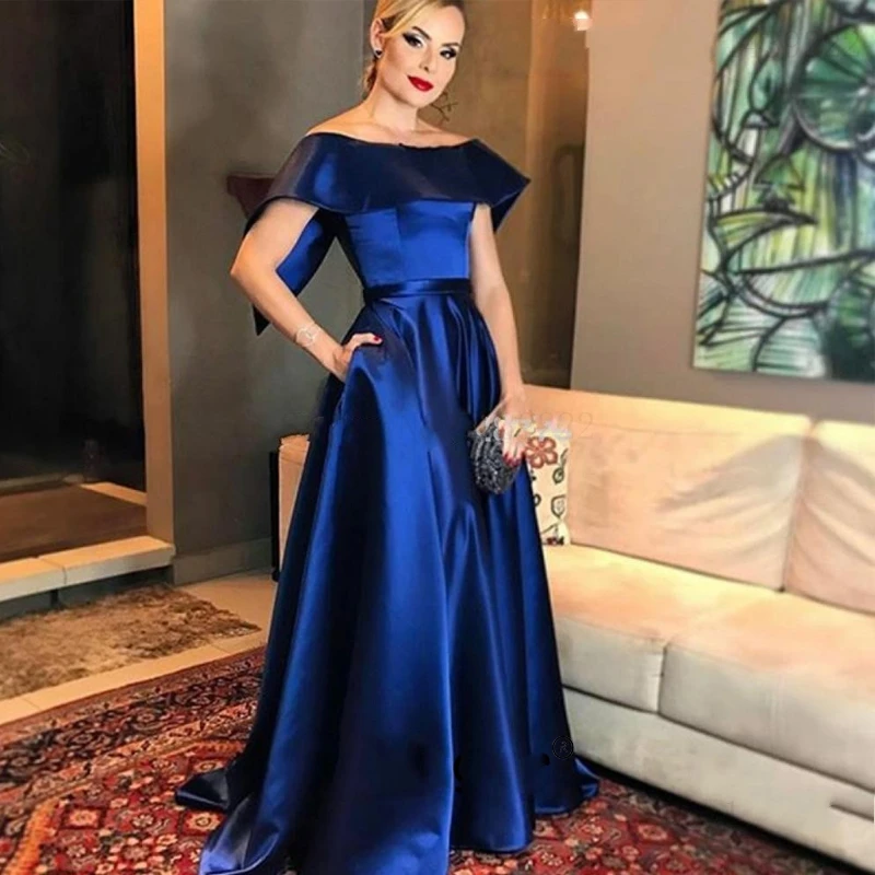 2024 Royal Blue Aline Satin Long Evening Dress Cap Sleeve Pageant Prom Formal Gowns Vestidos Mae Da Noiva