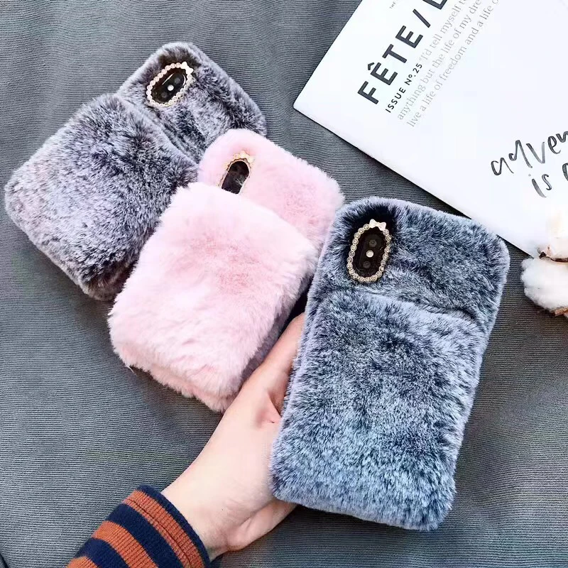 

Cute Warm Rabbit Fur Plush Phone Case For iPhone X 6 6S Plus 7 7Plus 8 Plus XS MAX XR Furry fluffy Fur Stand Holder Back Cover