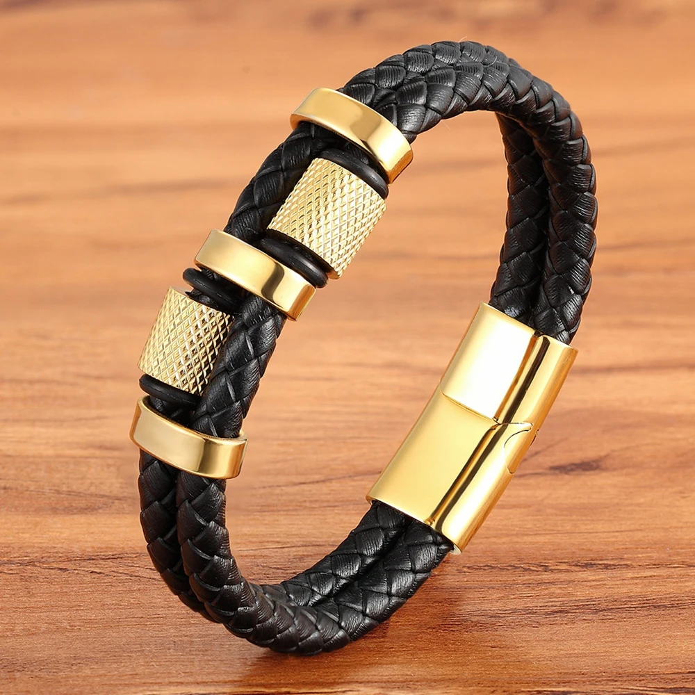 XQNI Irregular Pattern Shape Men Fashion Stainless Steel Leather Bracelet Custom 3 Color Classic For Handsome Boys Birthday Gift