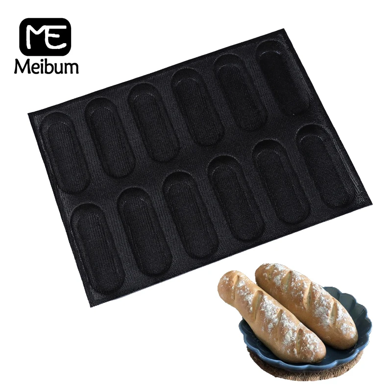 Meibum 12 Cells Oval Bread Mold Mini Baguette Silicone Mould Hot Dog Bun Form Glass Fiber Bakeware Non Stick Pastry Baking Tools