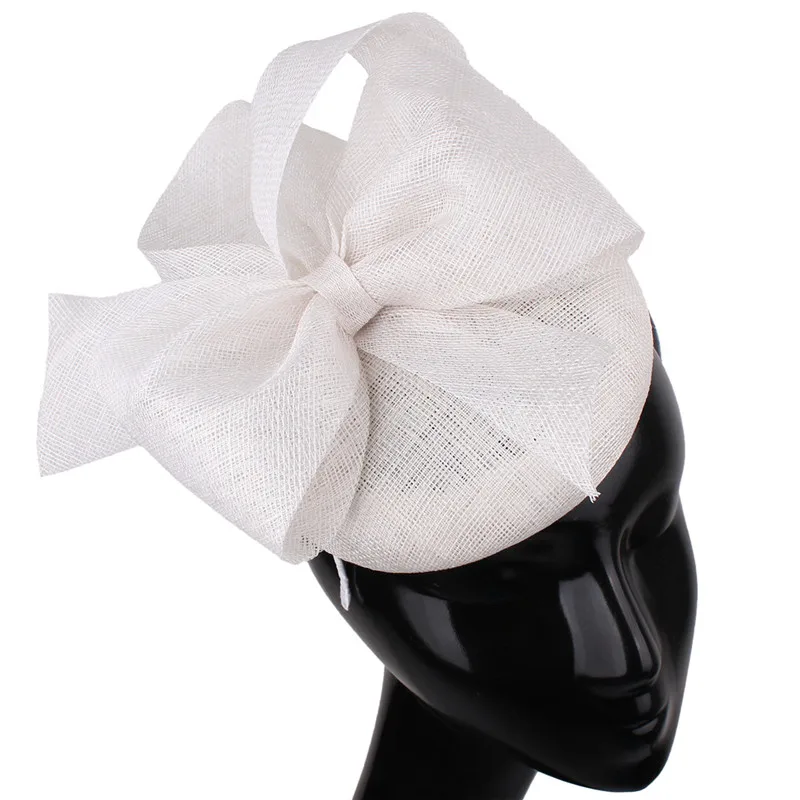 High Quality Nice Sinamay Women Fascinator Hat Bow Wedding White Headpiece With Hair Clip Cridal Party Hair Accessories