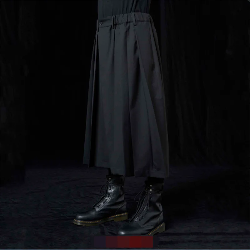 Men's Casual Pant Skirt Pleated Pants Wide Leg Pants Summer New Black Elastic Large Size Wide Pleated Design Straight Pants