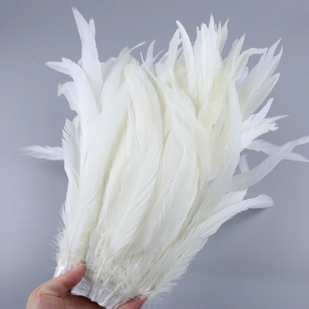 

High quality White Rooster Tail Feathers Trim Width 30-35cm/12-14 inches Wedding Party Dress Decorative feathers for Crafts