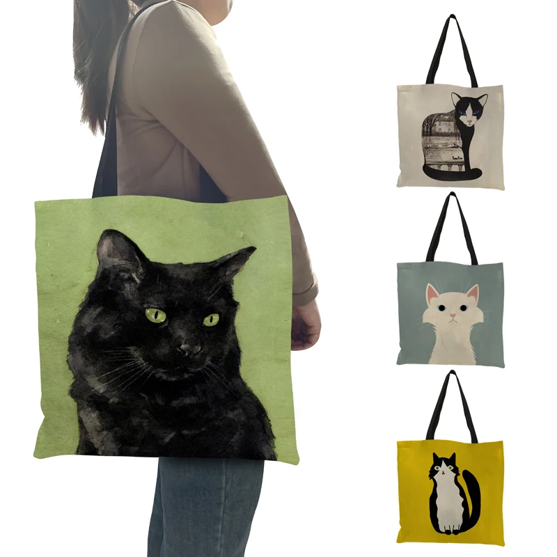 Women Shoulder Bag Black Cat Print Tote Handbags Animal Art Painting Graphic Shopping Bag for Boutique Supermarket Beach Totes