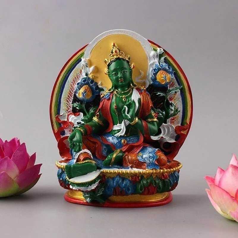 Semicircle Hand-painted Feng Shui Tibetan Buddhism Statue Green Tara Buddha