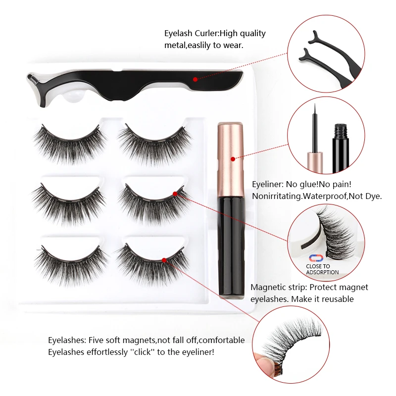 Magnetic Mink Eyelashes 2/3/5/10 Pairs Soft False Eyelashes Natural Magnetic Mink Lashes Liquid Eyeliner Tweezer Sets Makeup Hot