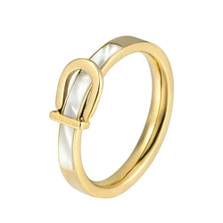 Unique Design Titanium Steel Strap Shape White Shell Ring For Women Love Gift Gold Color Jewelry Wholesale
