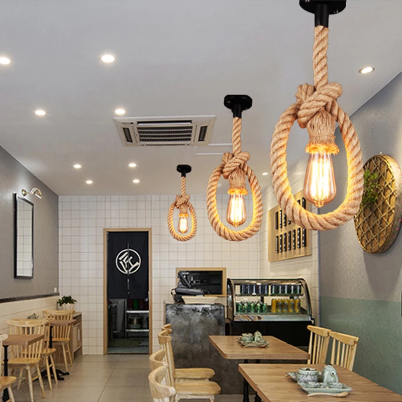 

1Pc Creative Hemp Rope Chandelier Vintage Store Decorative Ceiling Pendant Lamp without Light Bulb