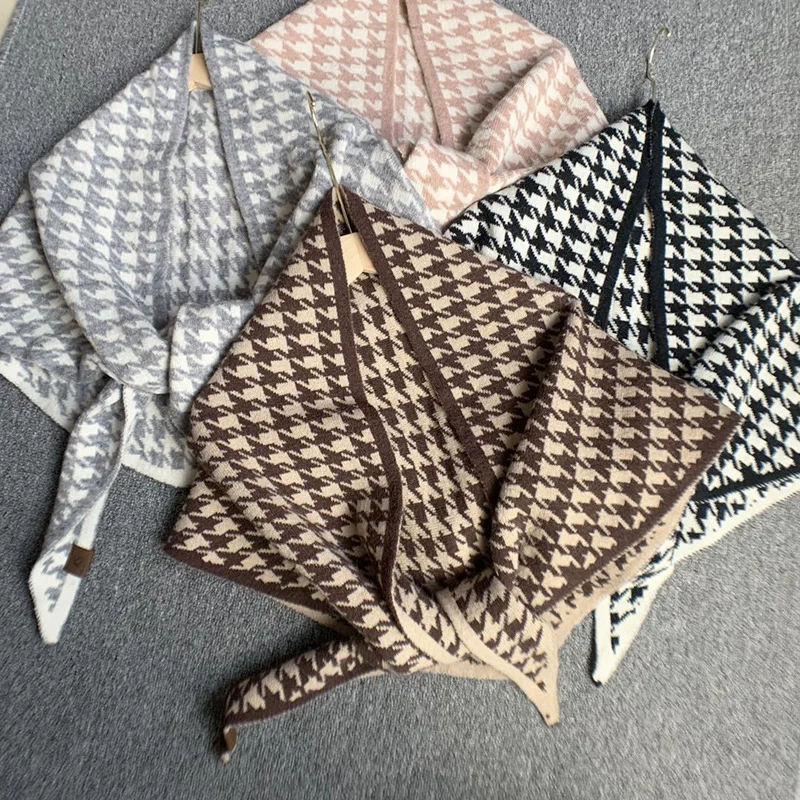 Wool Knitted Triangle Scarf  warm Double-Sided wear Women's plaid Shawl wrap Autumn Winter Korean Scarves