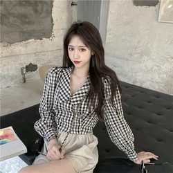 Women Blouses 2020 Autumn New Doll Collar Short Retro Plaid Shirt Long Sleeve Puff Sleeve Cardigan Loose Fashion Tops Shirts