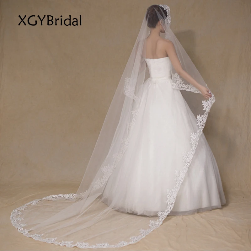 New Arrival Elegant Bridal Veils Appliqued Long Tail Veil 3 Meters Lace Edge Wedding  Accessories For Bride In White