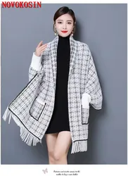 11 Farben Frauen gestrickt karierte Strickjacke dicken Poncho Mantel Herbst Winter Faux Nerz Samt Umhänge außerhalb Quaste Umhang mit Tasche