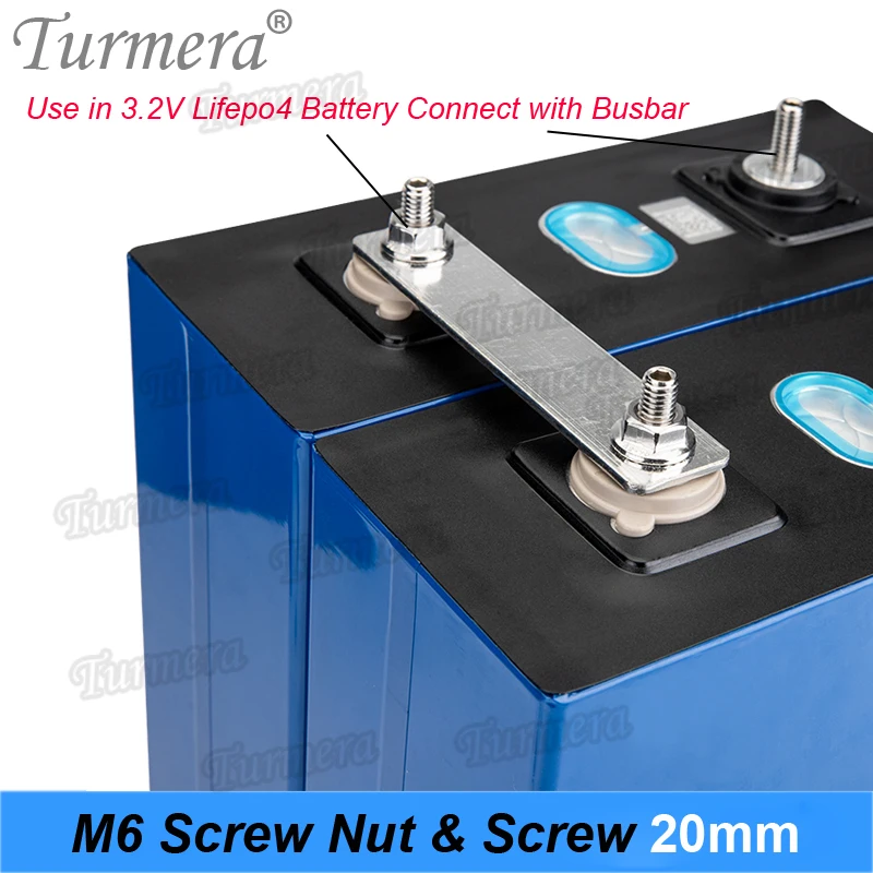 Turmera M6 Screw and Screw Nut 20mm Length for 3.2V Lifepo4 Battery 20Ah 90Ah 100Ah 200Ah 280Ah 310Ah Connect with Busbars Use A