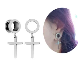 2Pcs Ear Piercing Dangle Cross Ear Plugs and Tunnels Stainless Steel Oreja Dilatacions Ear Expander 4m-25mm Punk Body Jewelry