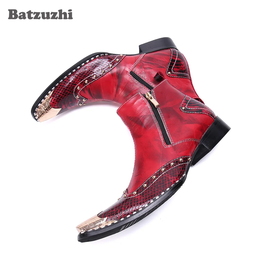 

Batzuzhi Western Fashion Leather Ankle Boots Men Pointed Iron Toe Luxury Red Leather Party and Wedding Boots for Men, US6-12