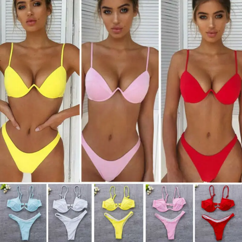 Drop Shipping Sexy Push Up Unpadded Brazilian Bikini Set Women 4 Colors Bandage Bikini Set Swimsuit Triangle Swimwear Bathing