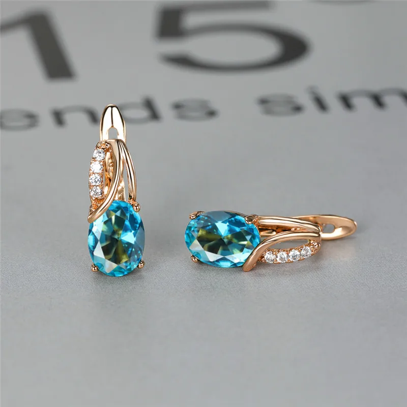 Women's Aqua Blue Zircon Oval Stone Hoop Earrings, Boho Style
