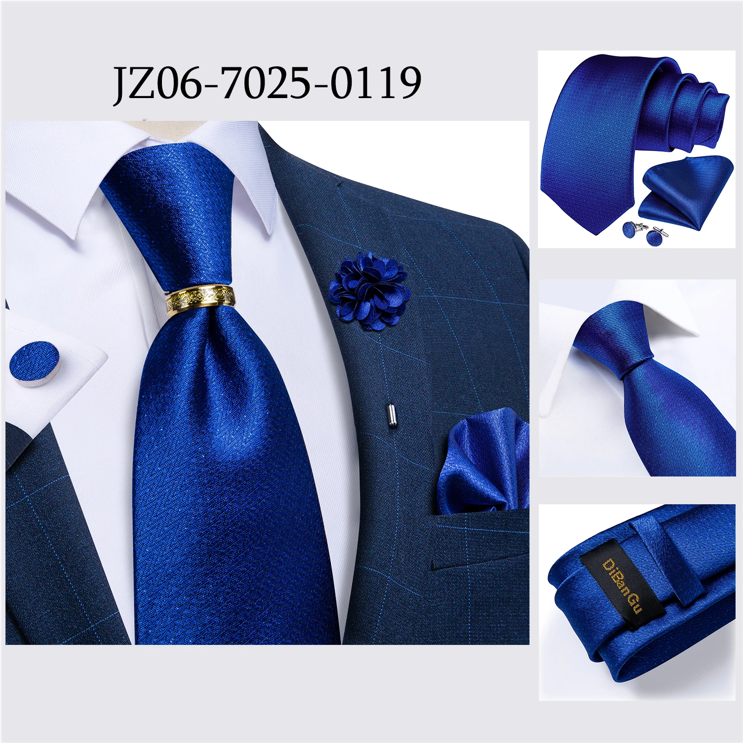 Handgefertigte Paisley-Blumen-Krawatte in Königsblau für Herren, klassische 8 cm breite gewebte Jacquard-Krawatte mit Einstecktuch, Manschettenknöpfen und Brosche – Detail 30